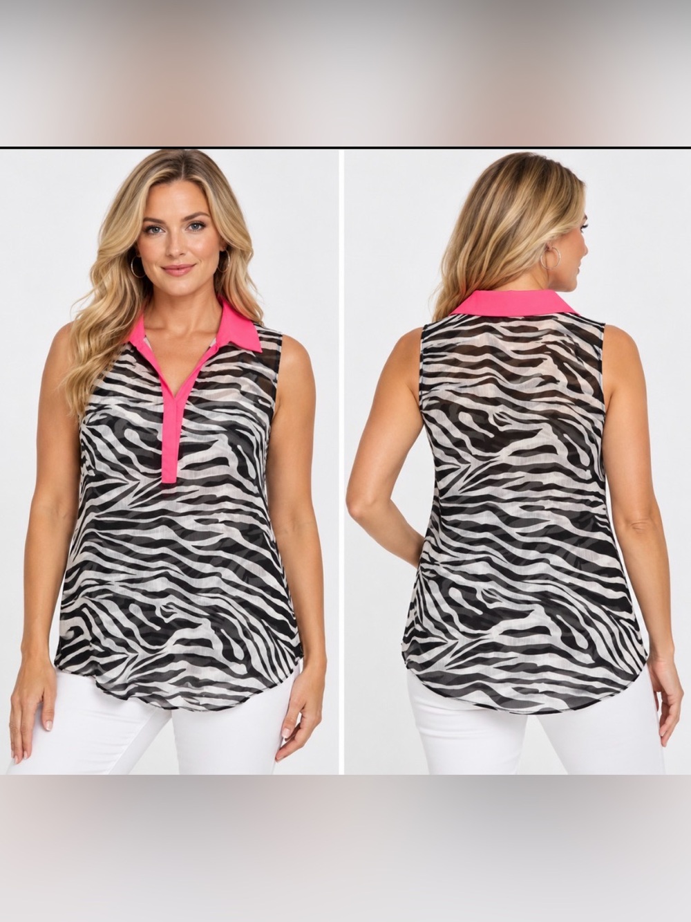 Zebra Print Sleeveless Top with Pink Collar
